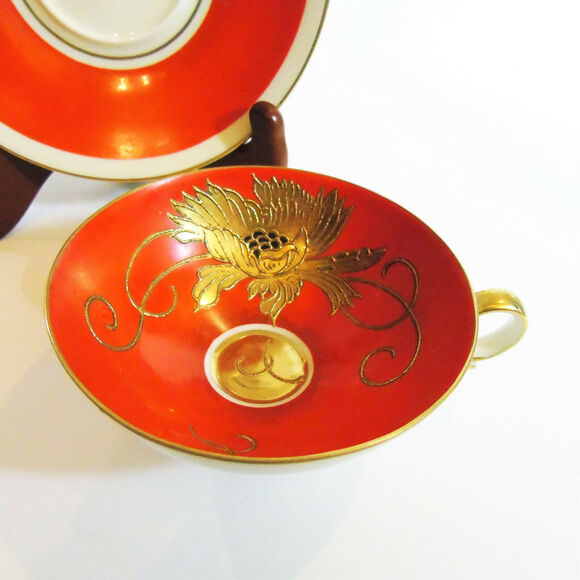 Shau Bach Kunst Wallendorf CUP & SAUCER SET Red Orange Ornate Gold Relief Flower - Picture 4 of 6